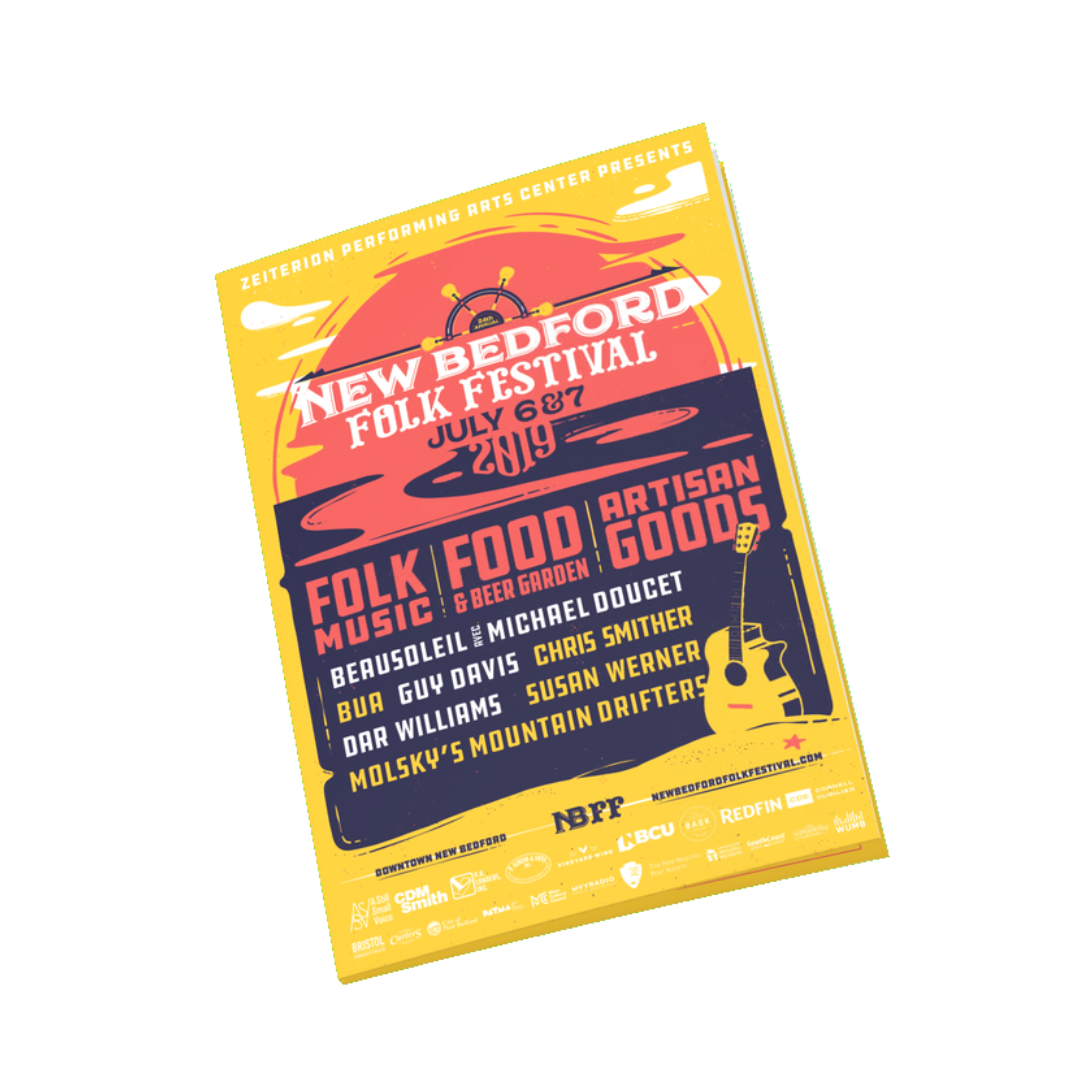 New Bedford Folk Festival 2019 brand identity applied across festival merchandise, volunteer uniforms, and on-site signage.