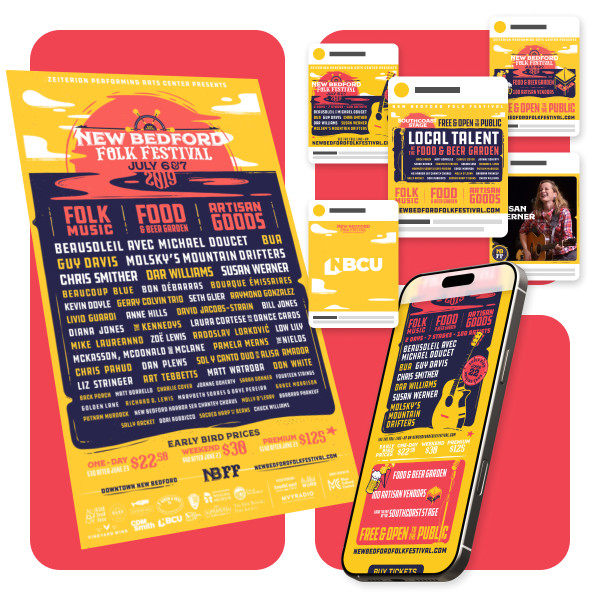 New Bedford Folk Festival 2019 poster, social media graphics, and mobile website featuring the artist lineup in yellow, coral, and navy.