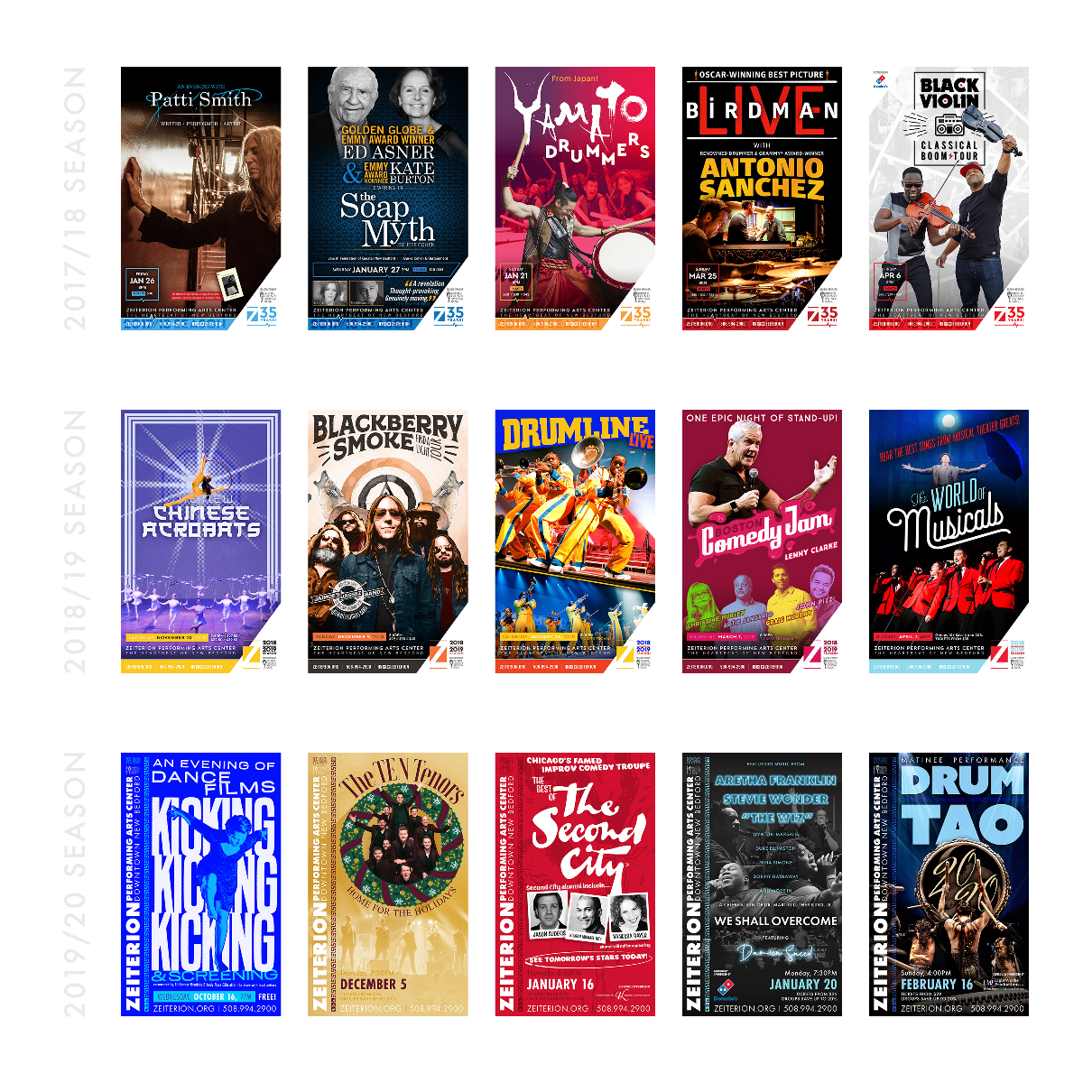 Fifteen Zeiterion event posters grouped by the 2017–18, 2018–19, and 2019–20 seasons, showing distinct performance artwork within each season’s design system.