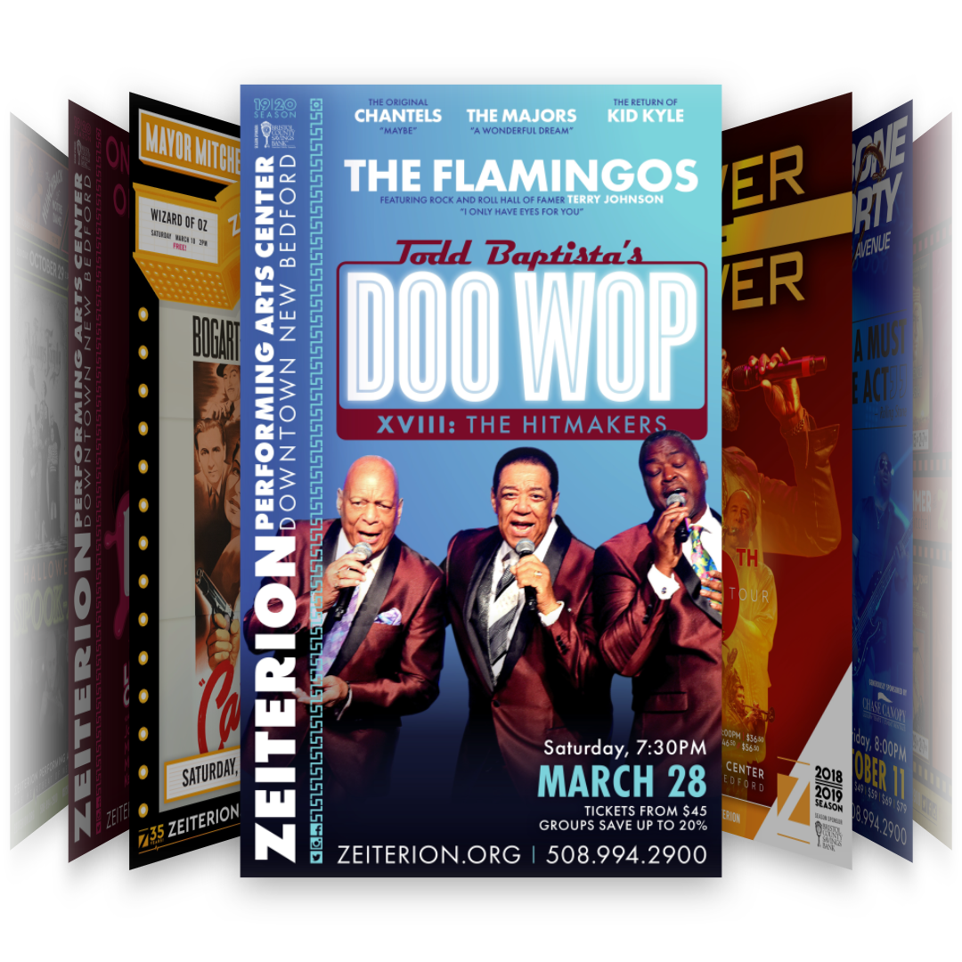 Animated showcase of event marketing designs for music, theatre, dance, comedy, and film at the Zeiterion Performing Arts Center.