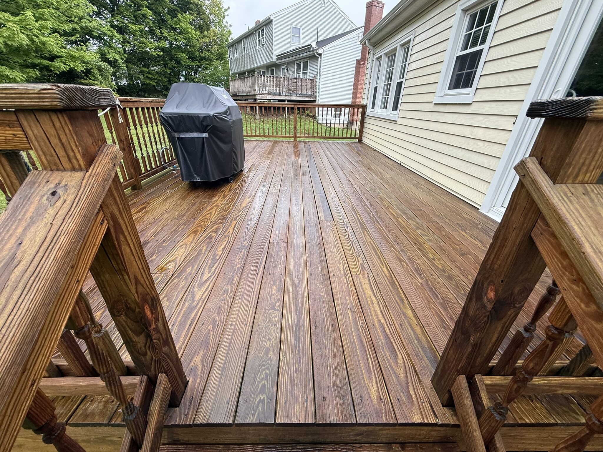 Wood deck cleaned and brightened after a low-pressure wash, overlooking a green backyard