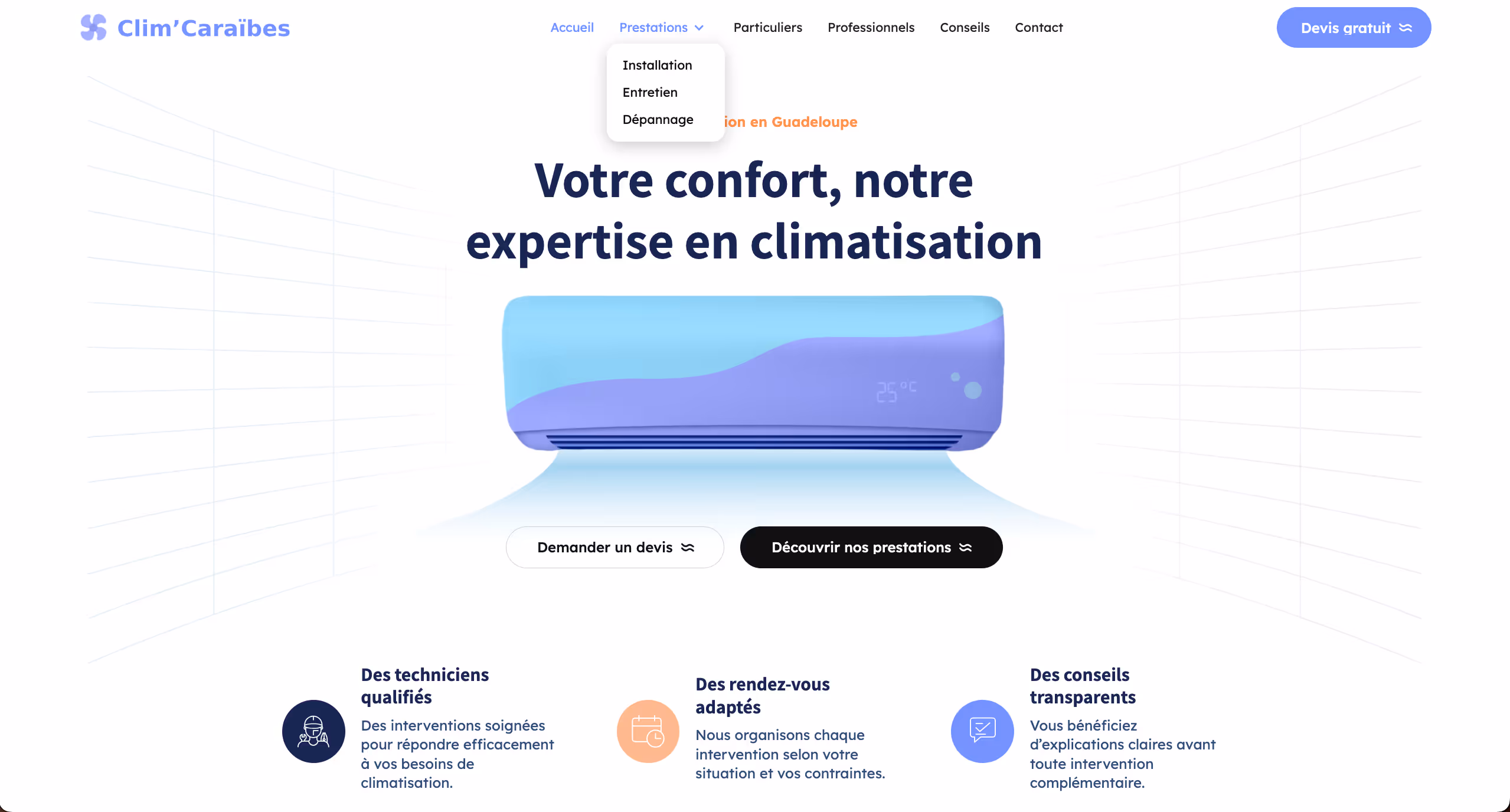Capture du site vitrine Clim’Caraïbes, pilote Webflow multi-page pour une entreprise locale