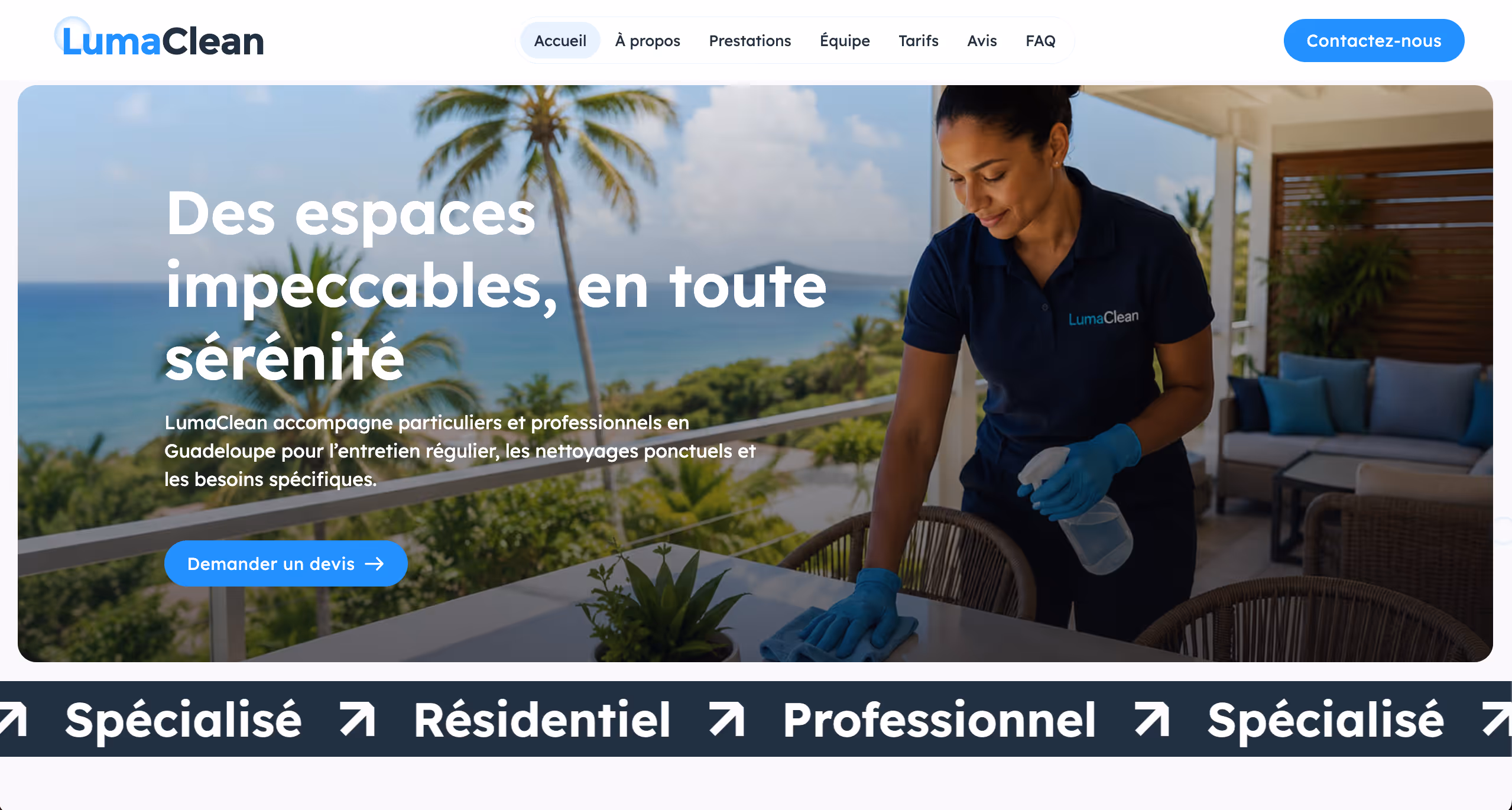 Capture du site vitrine LumaClean, pilote Webflow one-page pour un service local