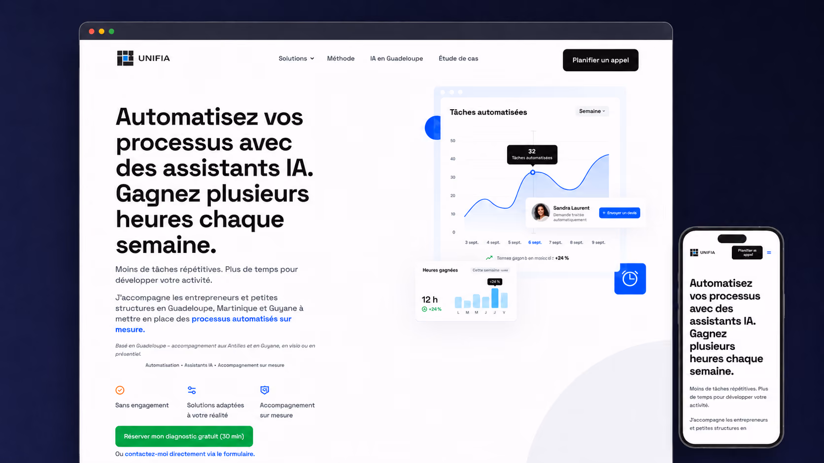 Aperçu du site Webflow UNIFIA réalisé par ANVU, affiché sur ordinateur et smartphone.