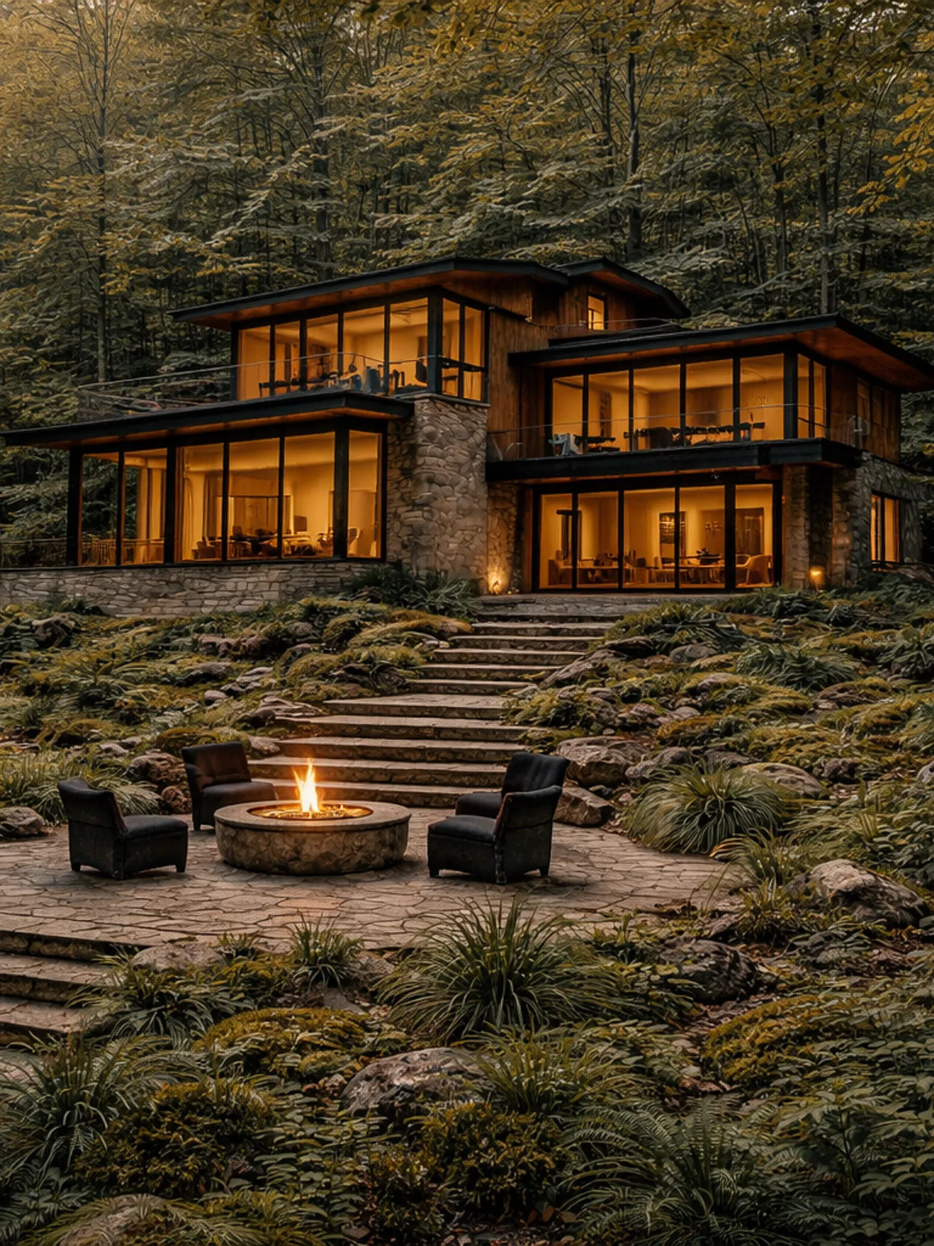 Modern Woodland Preserve home surrounded by forest with a firepit seating area
