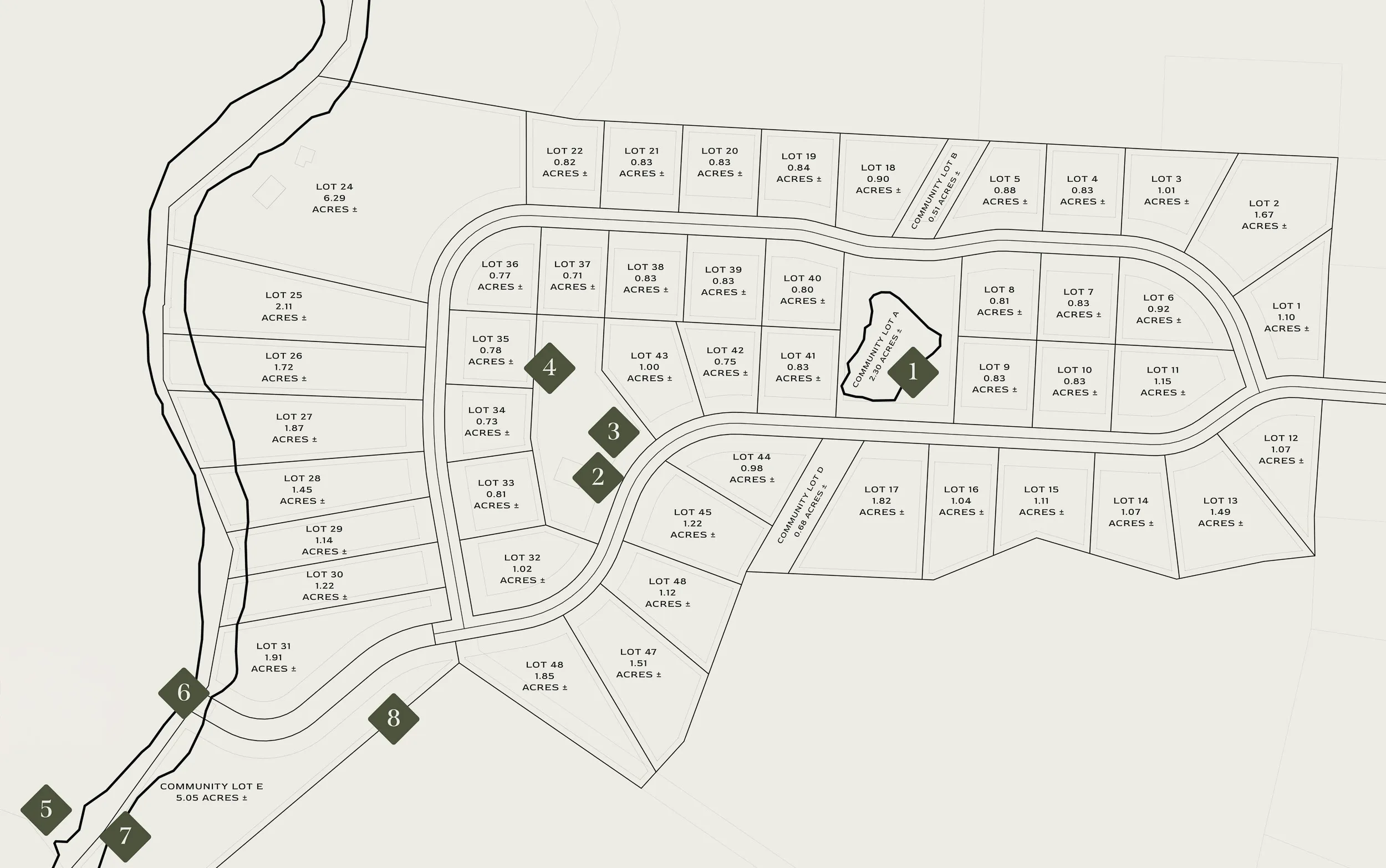Site plan showing the Woodland Preserve homesites, roads and planned amenities
