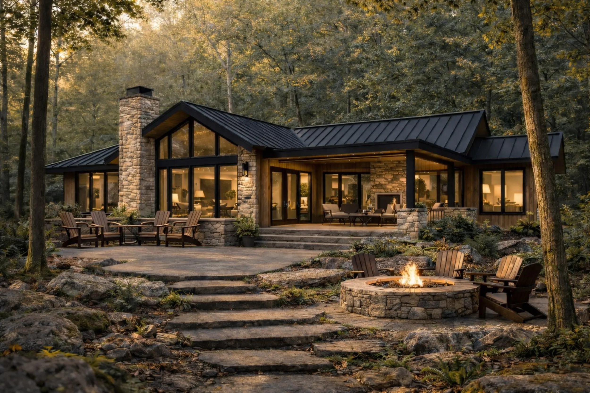 Modern woodland home with a covered outdoor patio