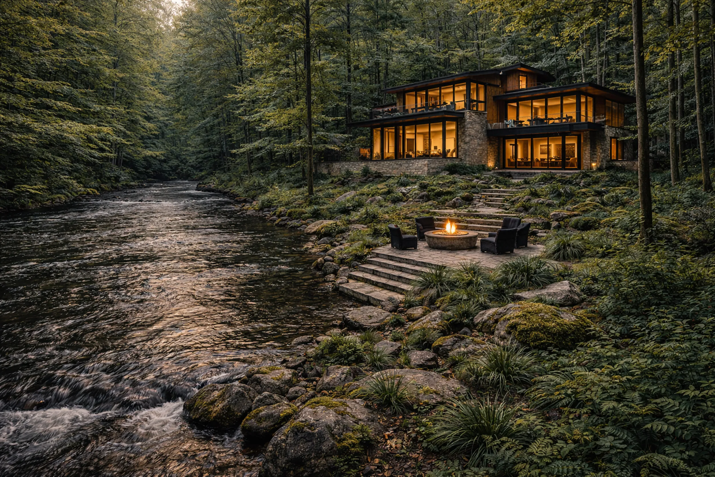 Forest pathway leading towards a luxury woodland home