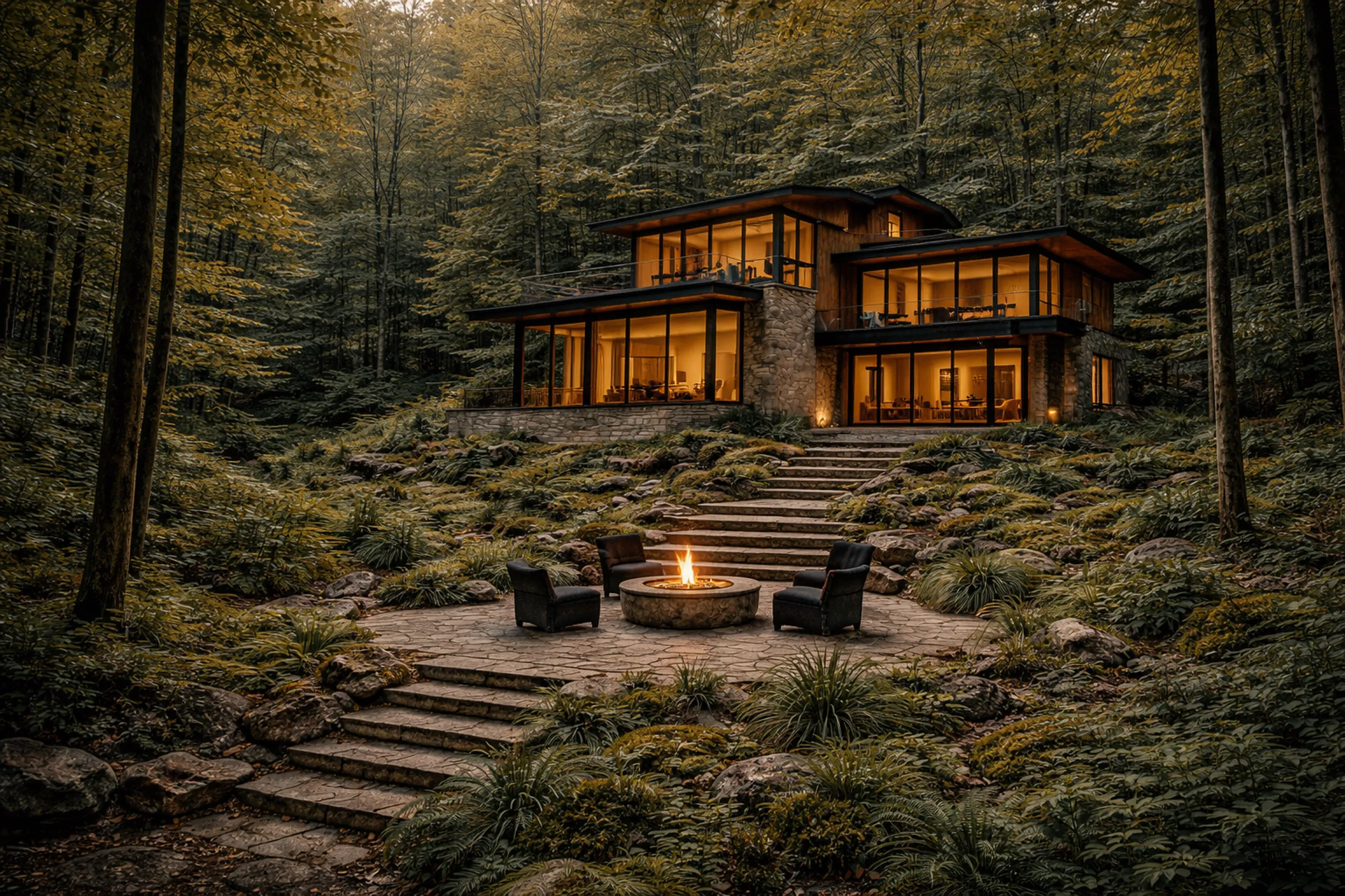 Custom home with an outdoor firepit surrounded by forest