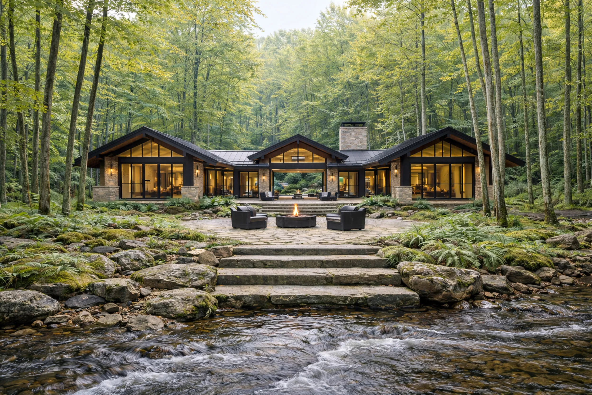 Luxury woodland home overlooking a rocky stream at Woodland Preserve