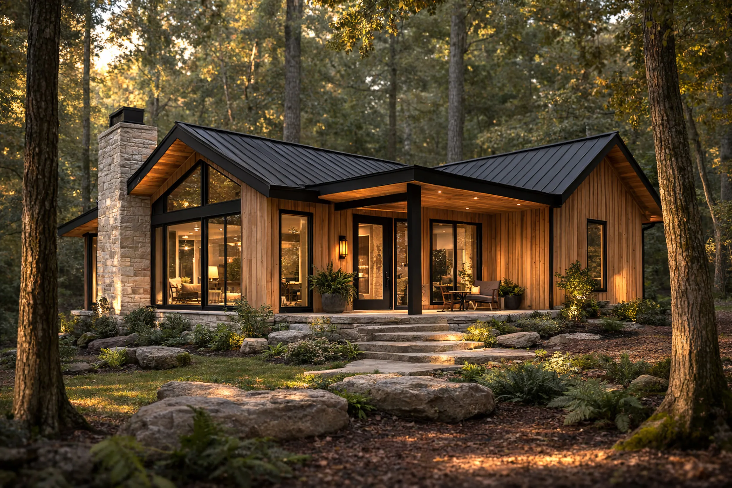 Single-storey luxury residence surrounded by mature woodland