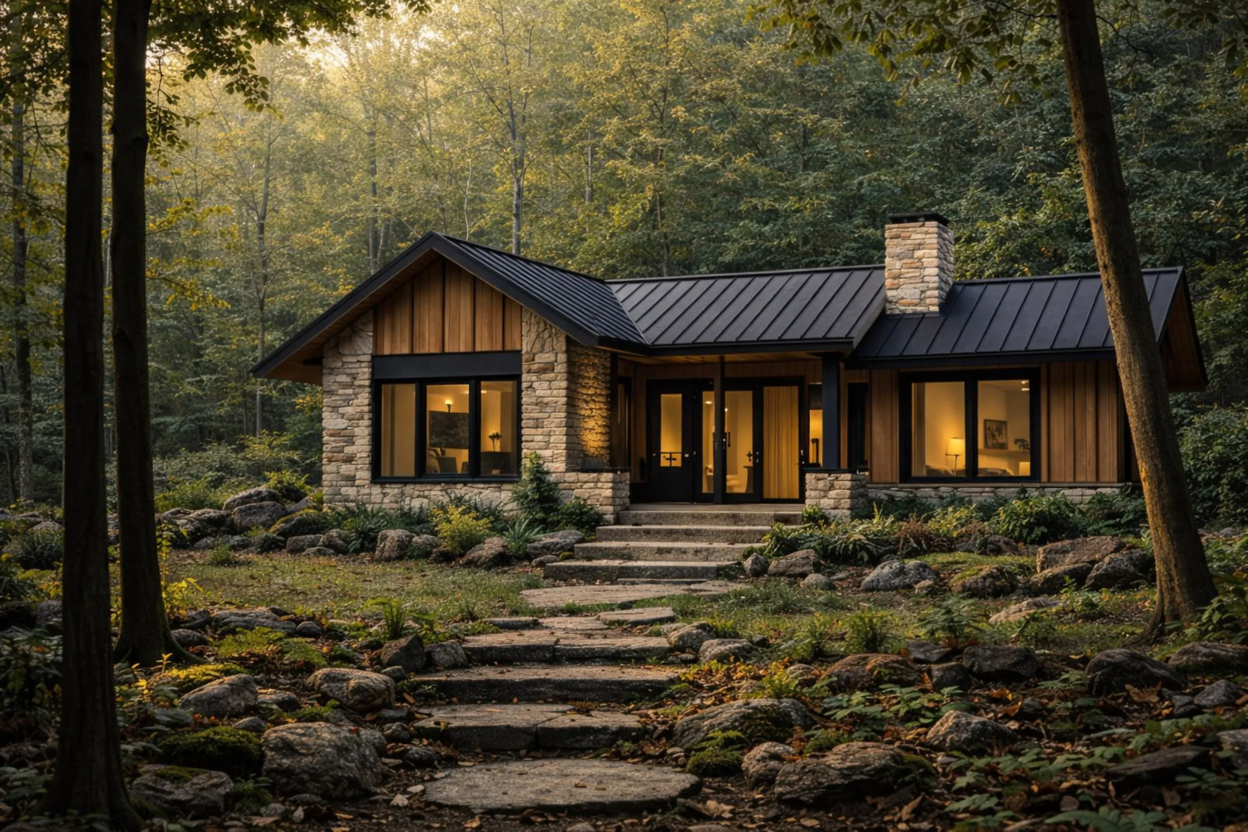 Woodland residence with large windows and natural timber finishes