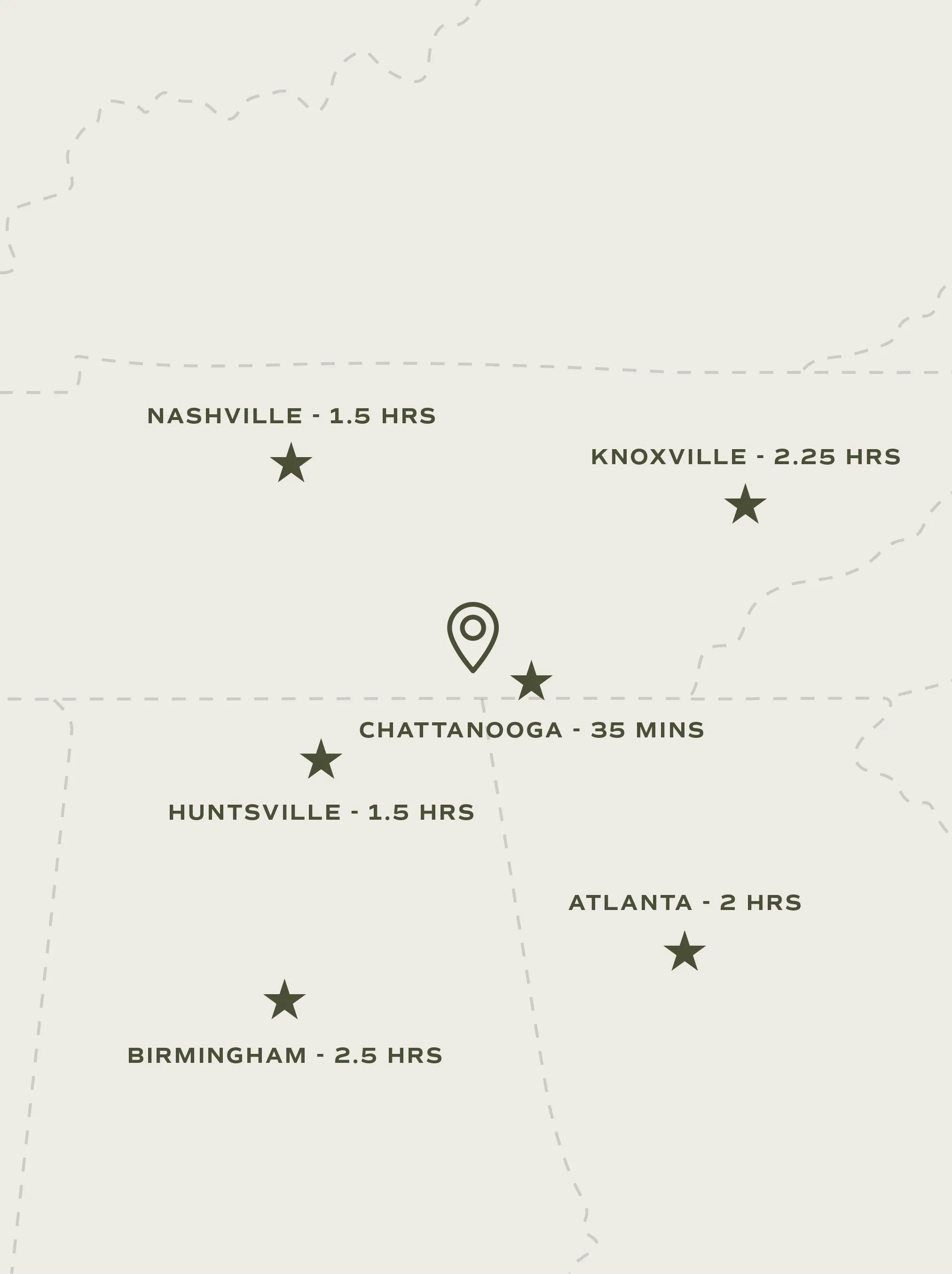 Map showing Woodland Preserve near Chattanooga, with approximate drive times to Nashville, Knoxville, Huntsville, Atlanta and Birmingham.