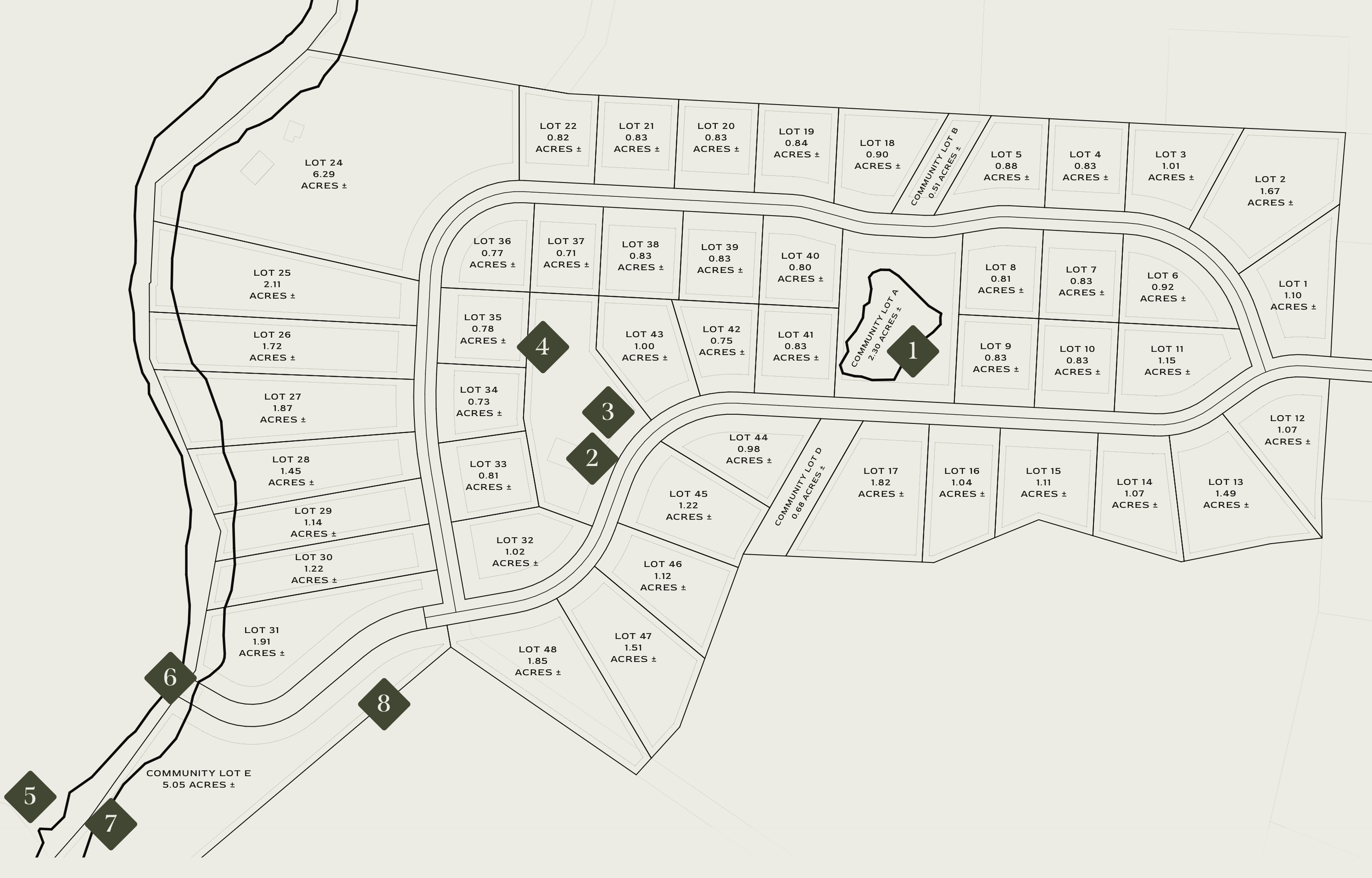 Site plan showing the Woodland Preserve homesites, roads and planned amenities