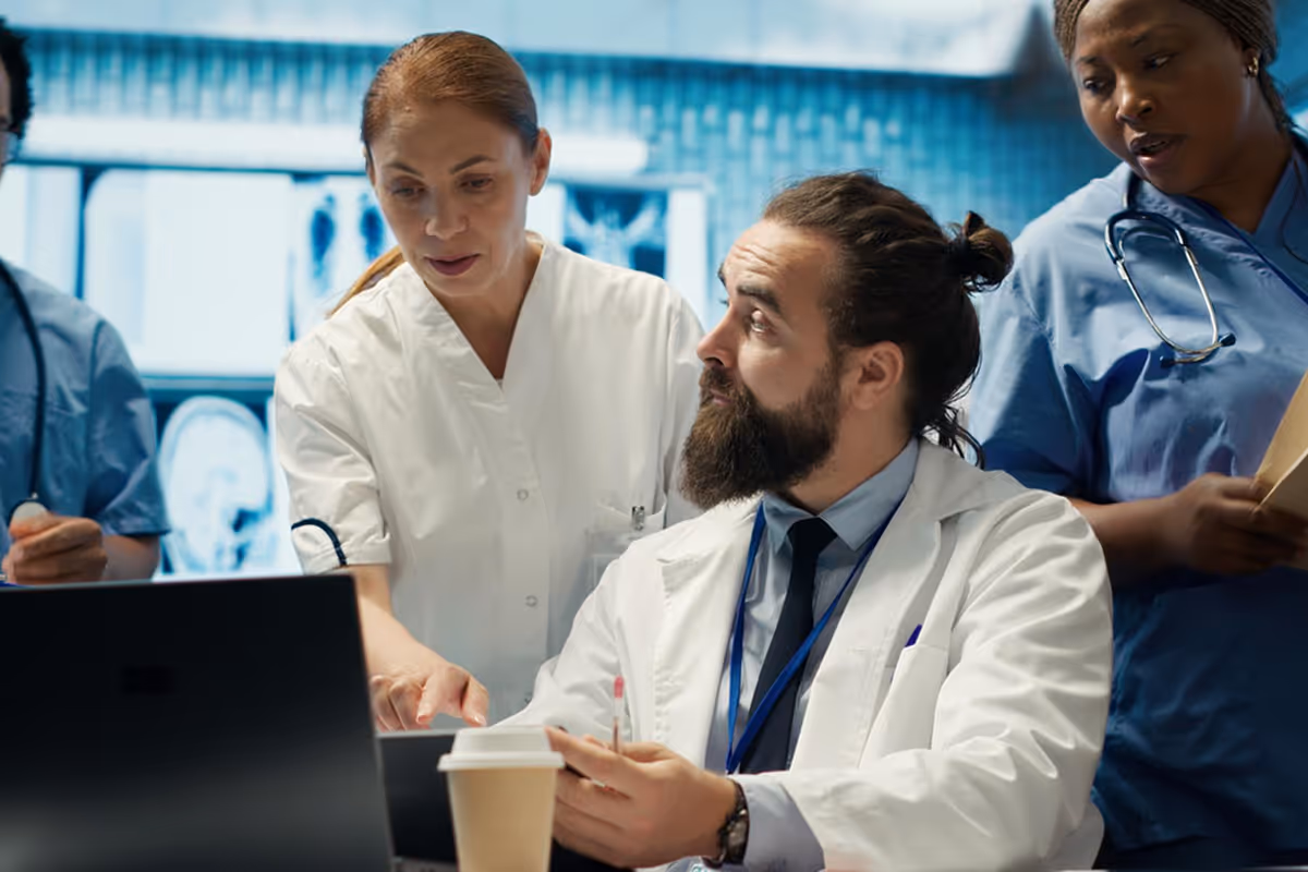 Doctors nurses working healthcare facility develop treatment protocols