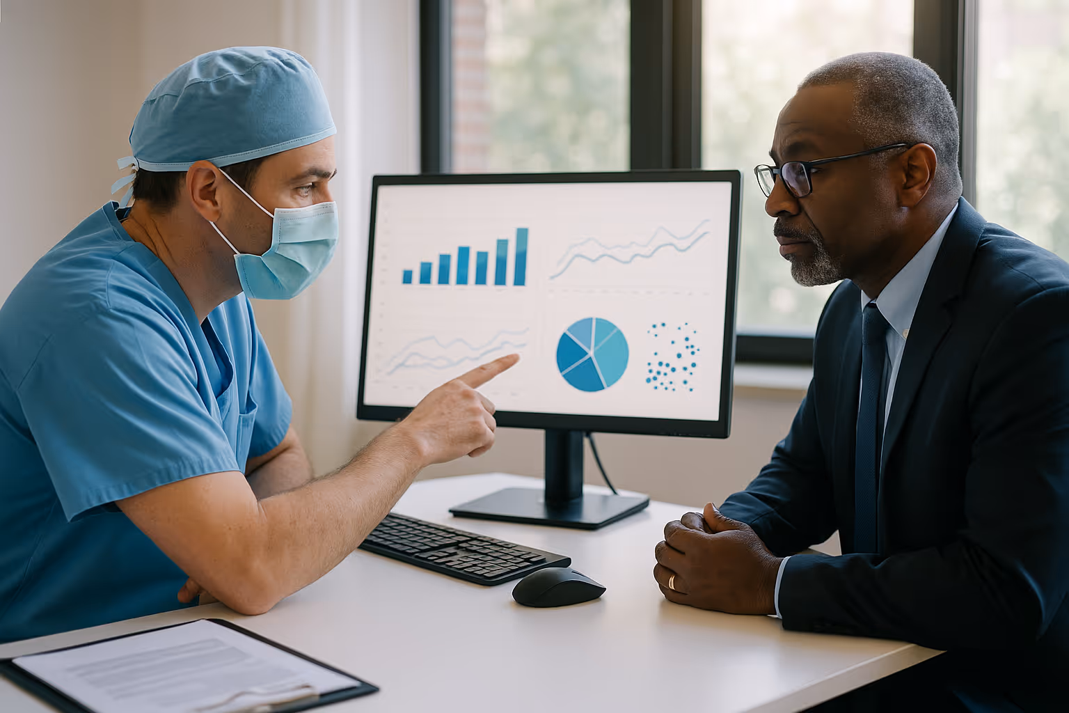 Surgeon and hospital executive reviewing TEAM Dashboard analytics for bundled payment success