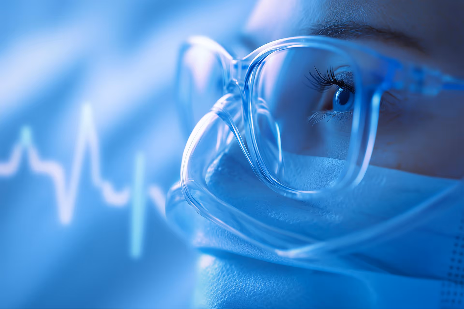 Close-up of a person wearing glasses and a surgical mask with a blurred heartbeat line in the background.