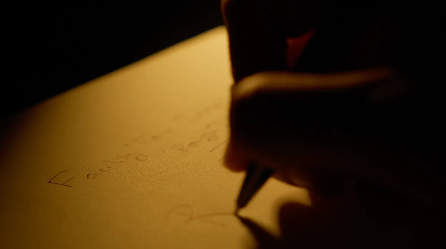 Rough draft for a script being drafted on a notebook.