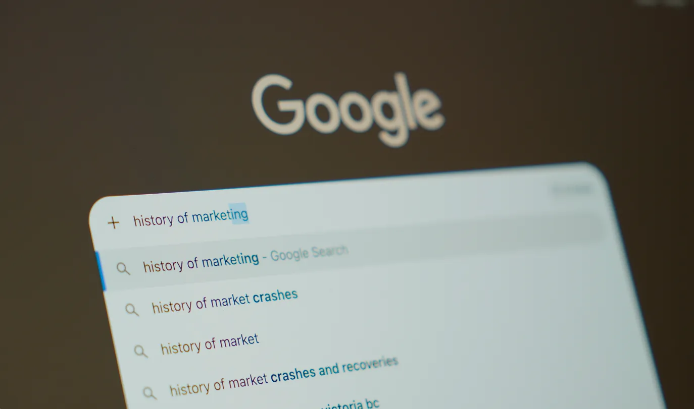 Google search engine being utilized to search for the history of marketing.