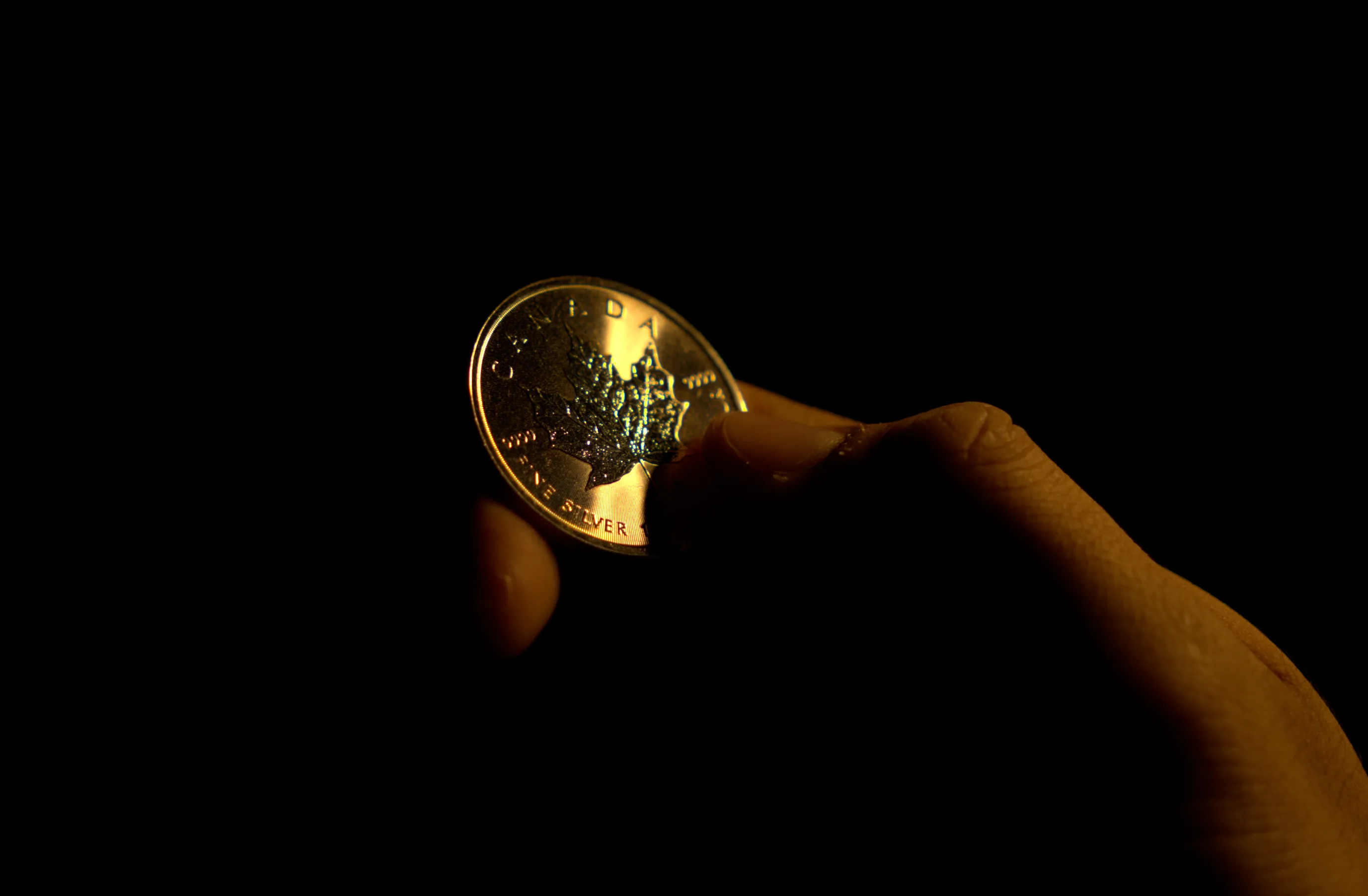 Man holding up a Canadian silver maple coin.