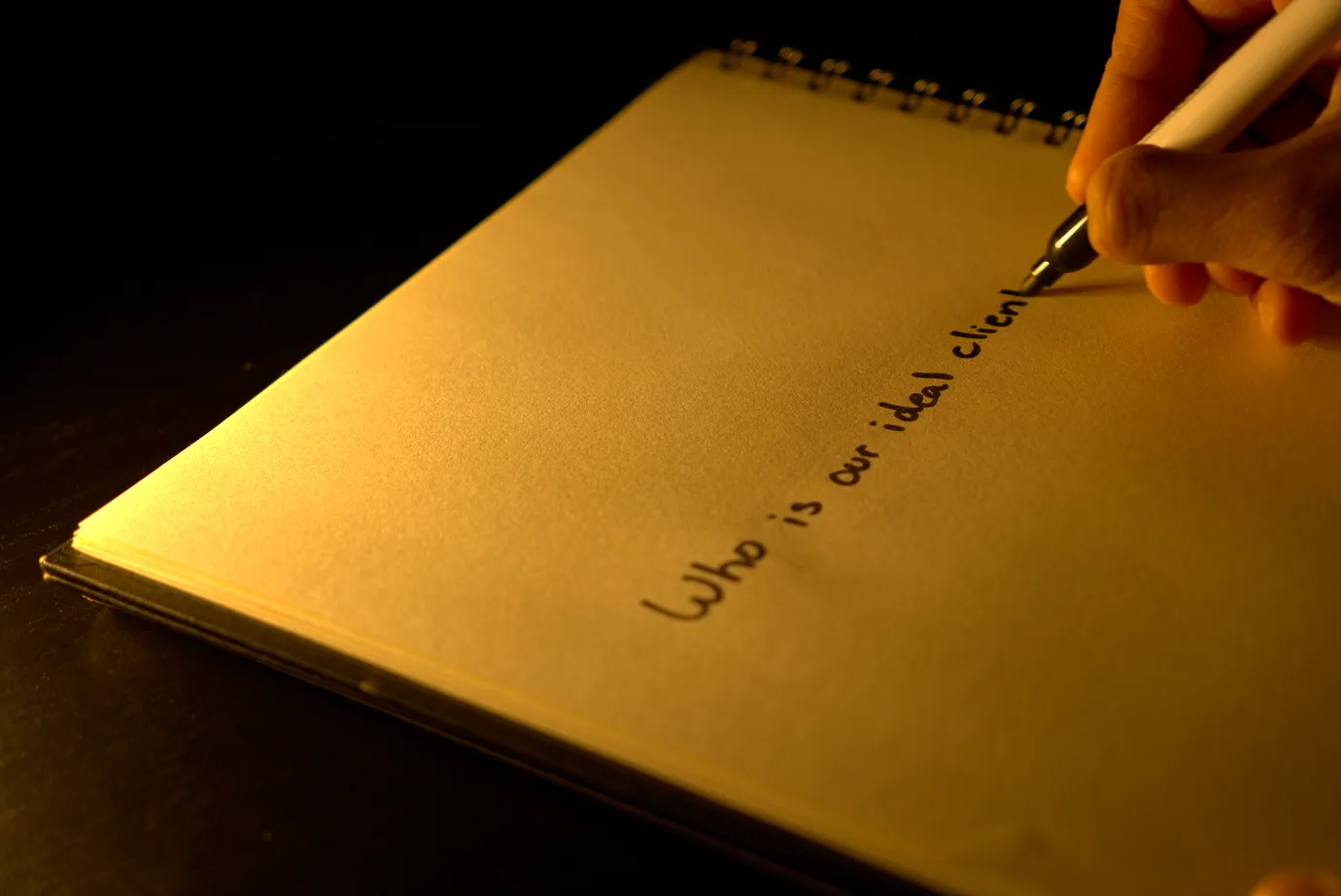Man brainstorming in a notebook asking "who is our ideal client".