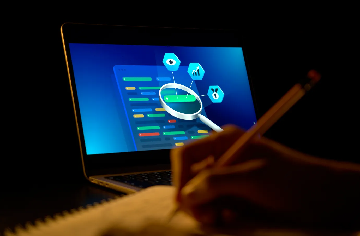 Man drafting a list of keywords on his notebook.