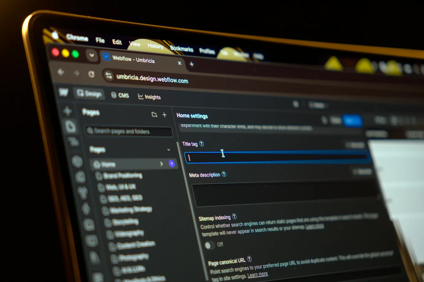 Man typing in a title tag for a website on his laptop during the development phase.