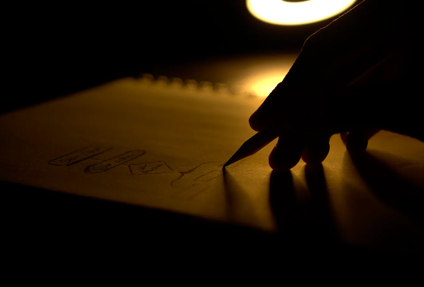 Man sketching a user experience flow chart in his notebook.