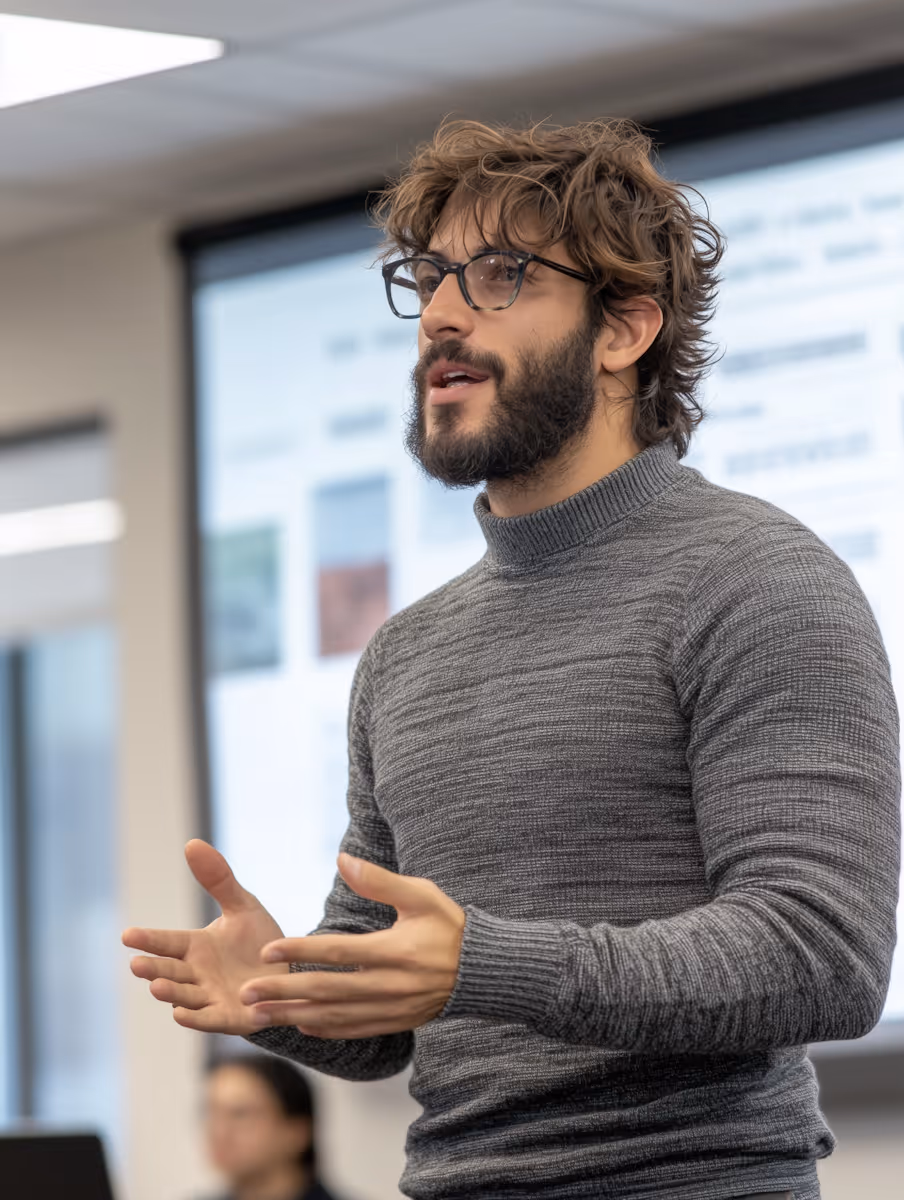Man with glasses and beard speaking and gesturing in a professional setting with a blurred presentation screen behind him.