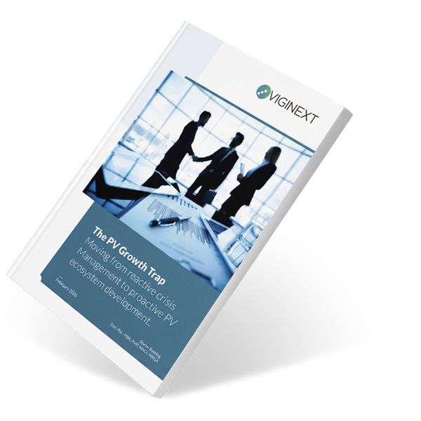 Cover of a whitepaper titled 'The PV Growth Trap: Moving from reactive crisis management to proactive PV ecosystem development' by Viginext, featuring a blurred image of three business people shaking hands in front of a large window.