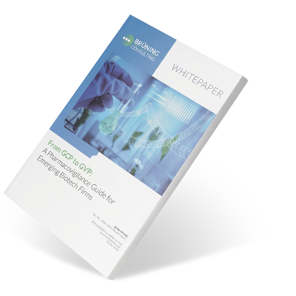 Whitepaper titled 'From GCP to GVP: A Pharmacovigilance Guide for Emerging Biotech Firms' by Brüning Consulting, featuring a background image of a gloved hand holding a laboratory flask and a digital DNA strand illustration.