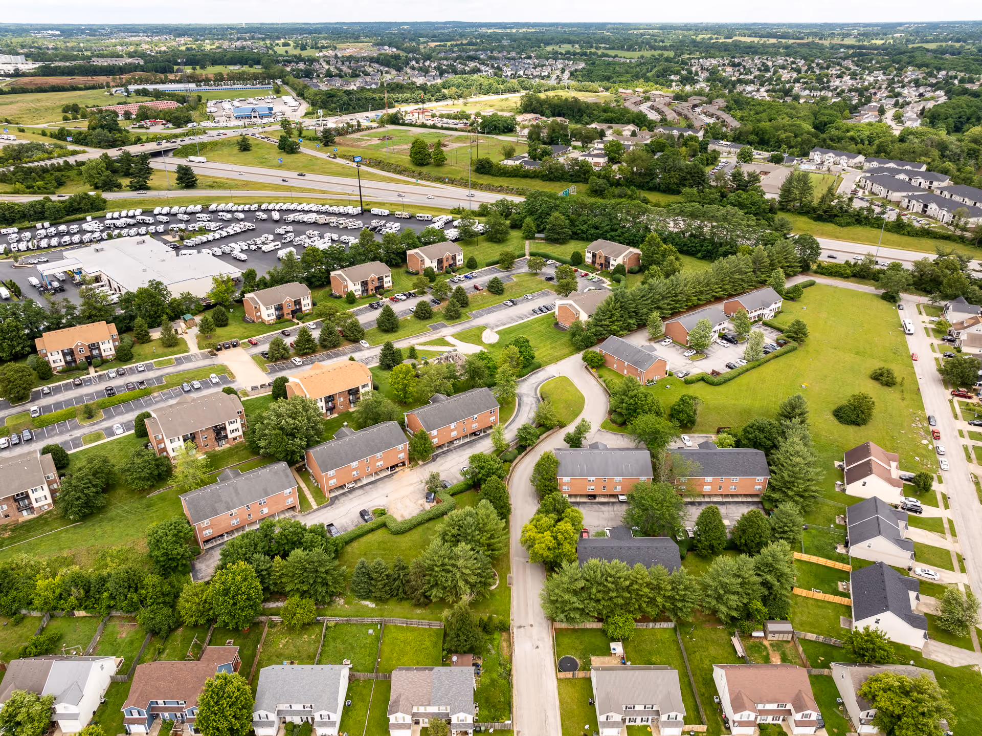 Drone shot of apartments and surrounding area