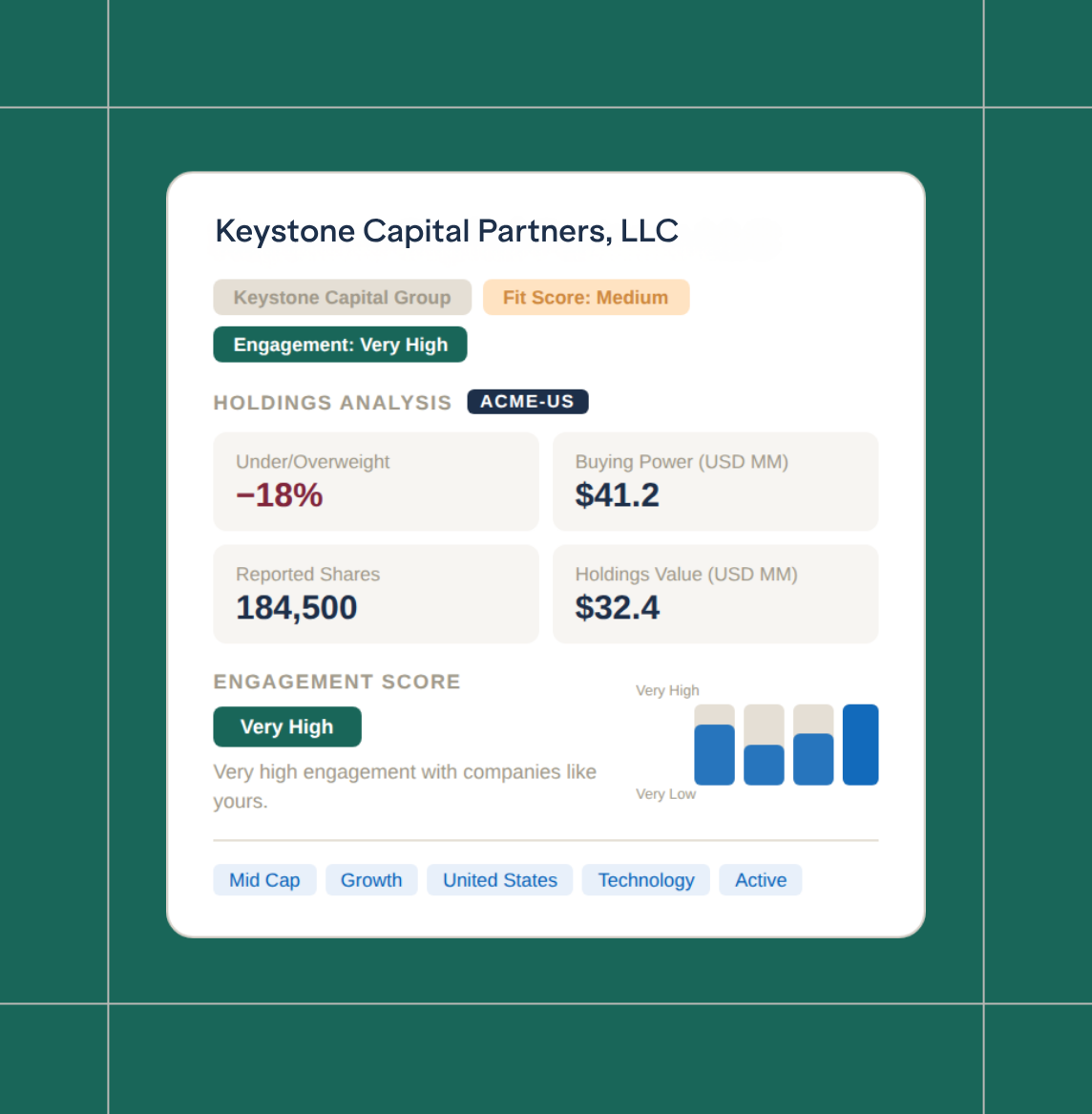 Illustration of one Irwin's investor profile feature which highlights an investor's buying power, holdings, engagement, and attributes.