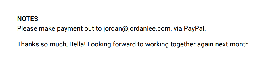 Notes from an invoice saying with PayPal instructions and a message of thanks