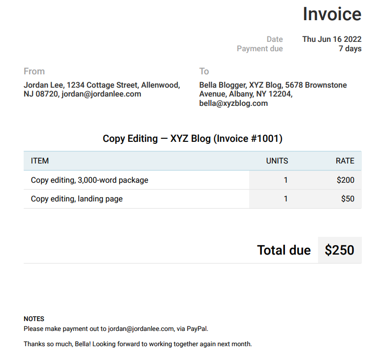 Sample invoice from a freelance editor created using Keeper Tax's free invoice generator
