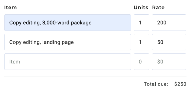 Part of a free invoice generator with two lines filled out for items to be billed for and a third line blank