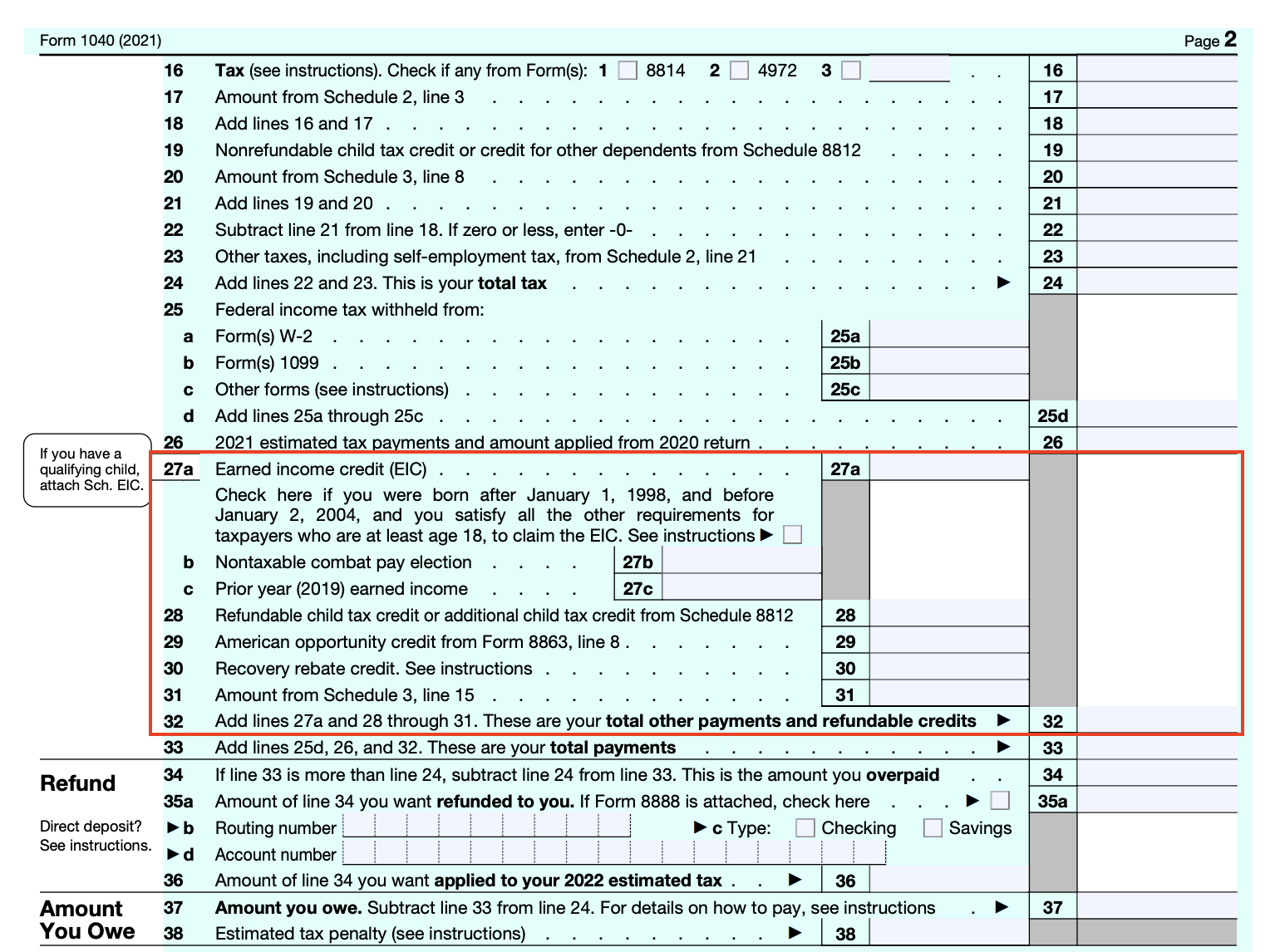 Picture of page 2 of Form 1040, with lines 27-31 boxed in