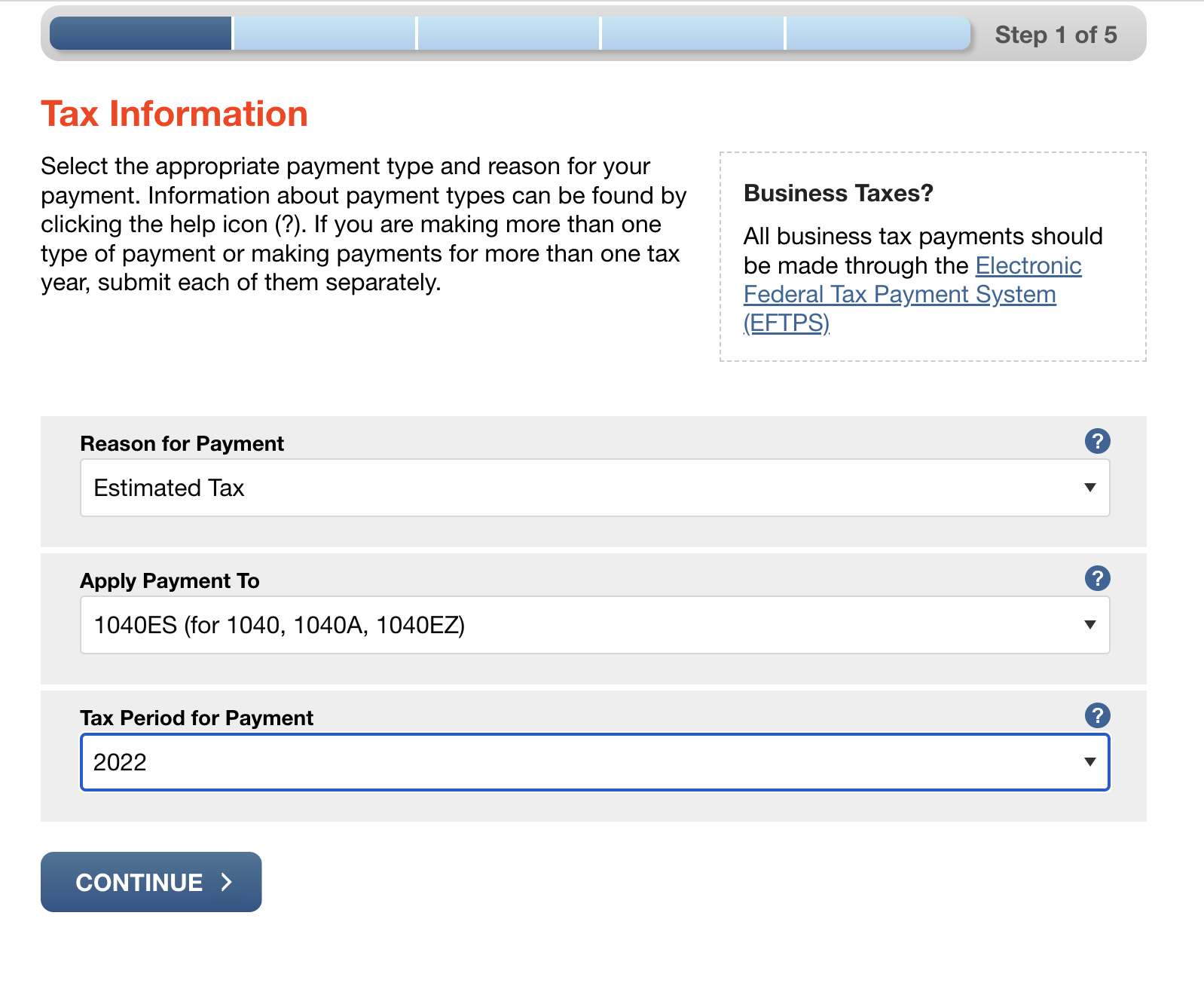 Screenshot of direct pay starting screen