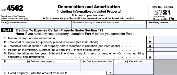 A blank Form 4562, used for depreciating and amortizing business assets