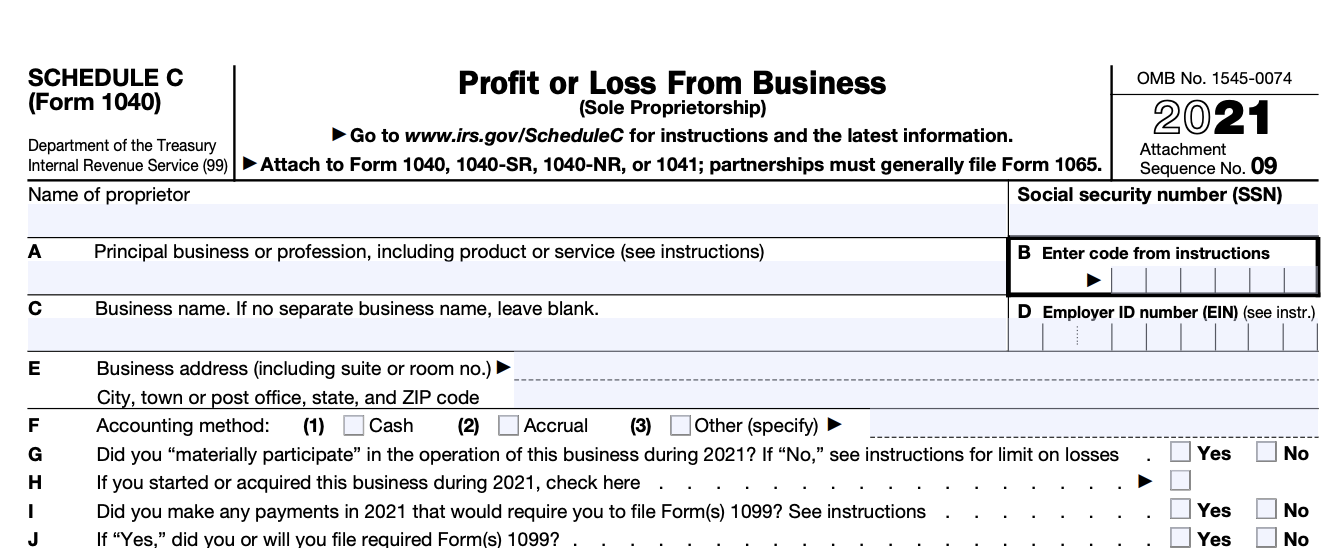 The top section of a blank Schedule C, for Profit or Loss from Business