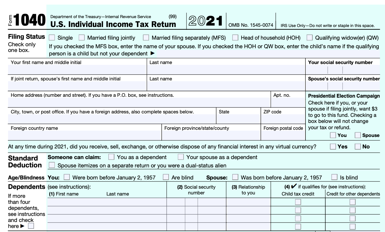 A blank Form 1040, used for an Individual Income Tax Return