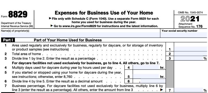 A blank Form 8829, used to record expenses for a home office