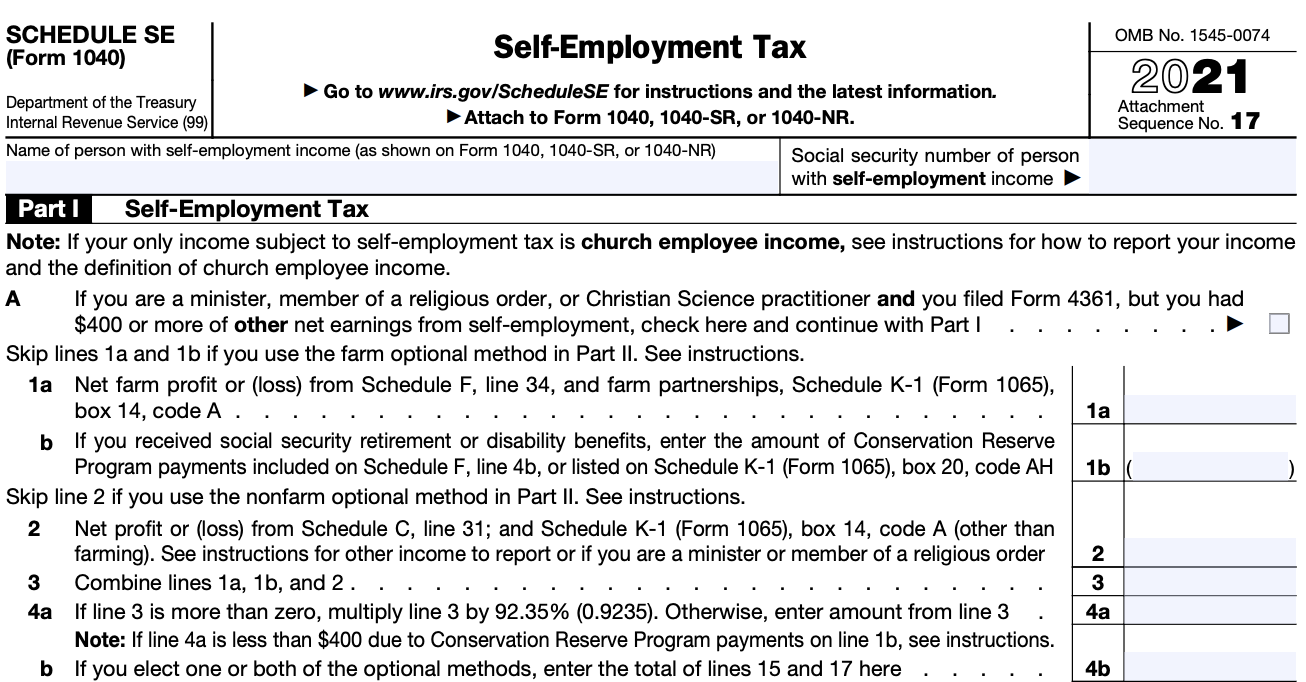 A blank Schedule SE, used to calculate self-employment tax