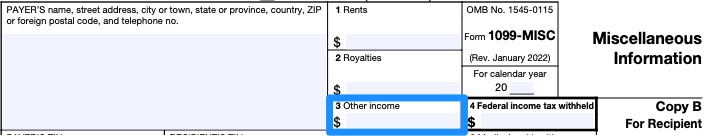 The first section of a blank 1099-MISC form, with box 3, for other income, circled in blue