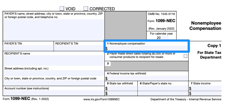 A blank 1099-NEC form with box 1, for nonemployee compensation, circled in blue
