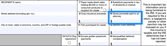 The second part of a blank 1099-MISC form, with box 10, for gross proceeds to an attorney, circled in blue