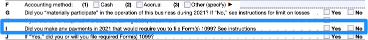 Part of a blank Schedule C, with line I circled in blue
