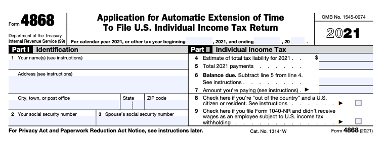 Part of a black Form 4868, used to request tax extensions