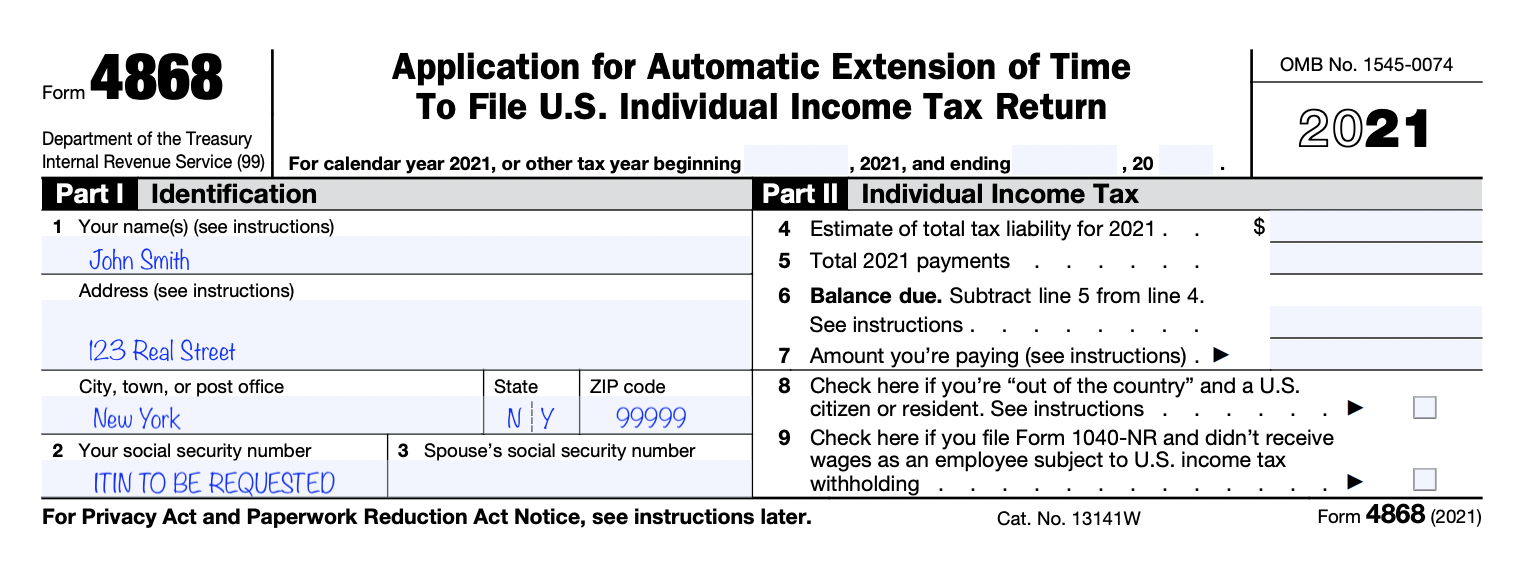 Top of a Form 4868 with Part I filled out in blue