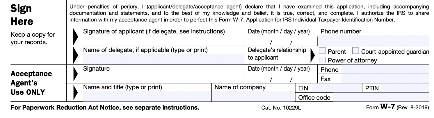 The bottom portion of a blank Form W-7, with space for signature and phone number